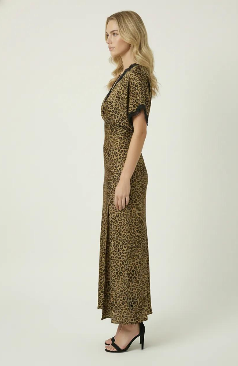 Modenaire Leopard Print Lace-Trim V-Neck Side-Slit Maxi Dress, Alternate, color, Leopard Print