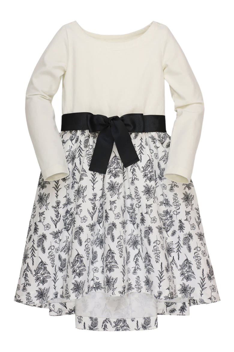 Girls' Lightweight Blocked High-Low Skater Dress, Kids, Alternate, color, White Black Winter Botanical