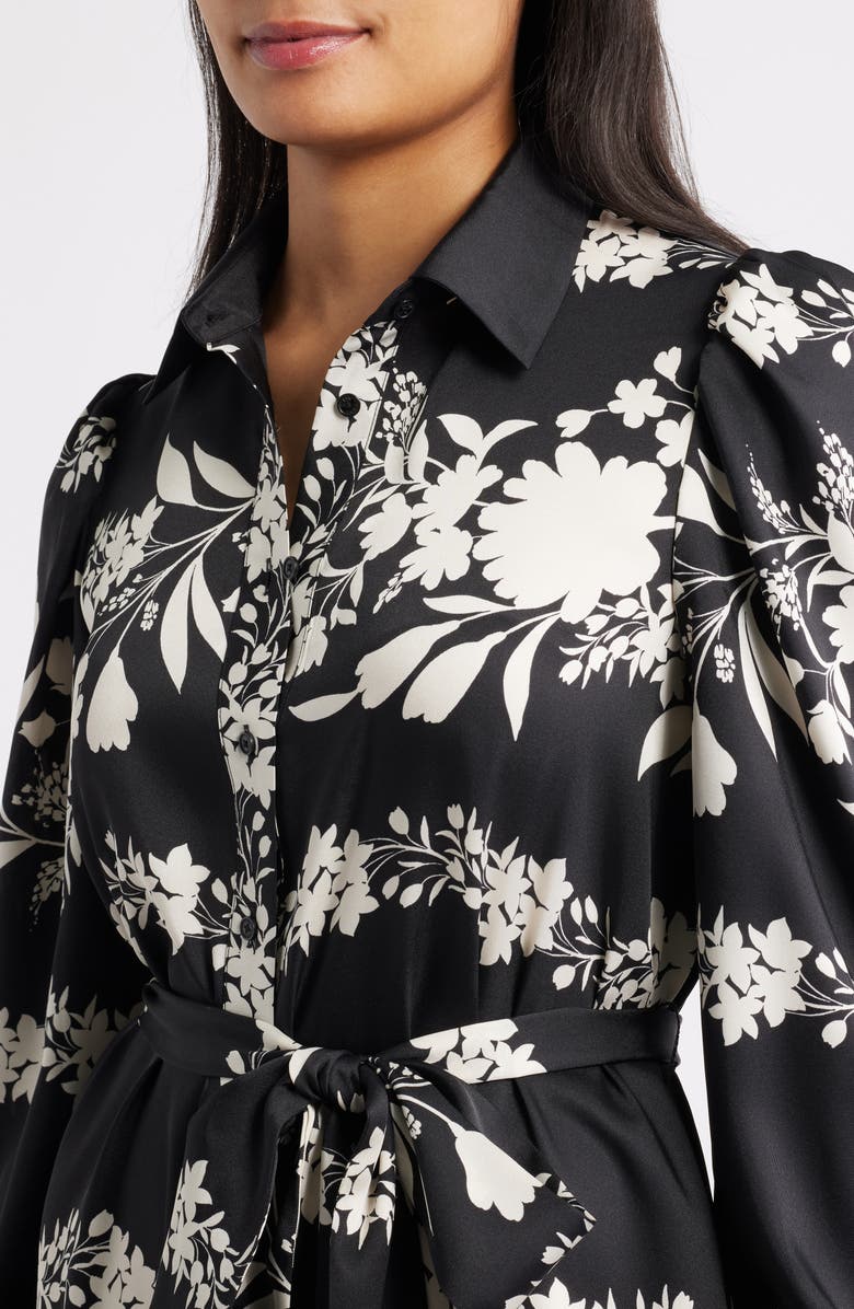 Anne Klein Floral Long Sleeve Tiered Shirtdress, Alternate, color, Anne Black/ Swan White