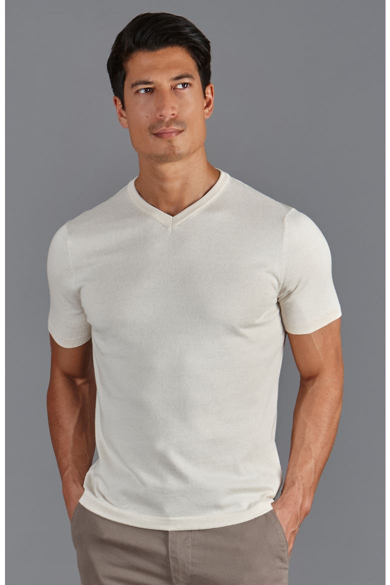 Cotton High V-neck Knitted T-shirt, Main, color, Ecru