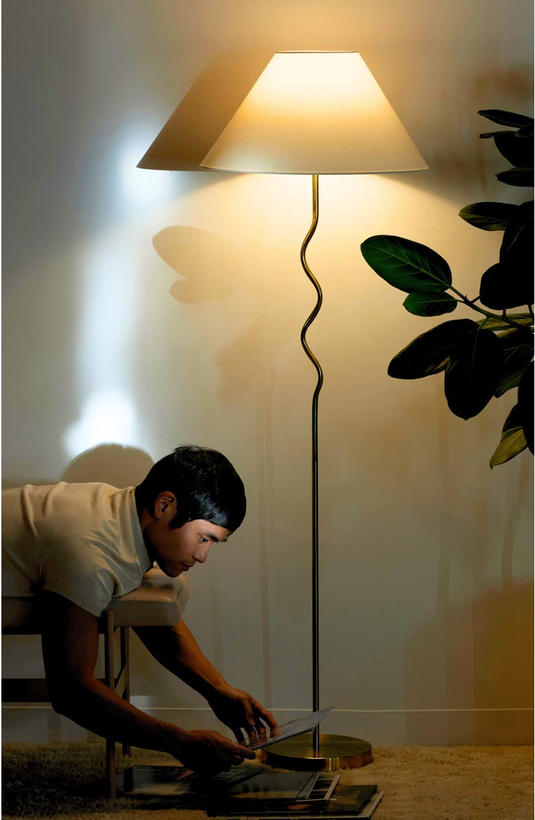 Brightech Squiggle 62" LED Modern Wavy Floor Lamp with Fabric Shade, Bulb Included, Alternate, color, Antique Brass