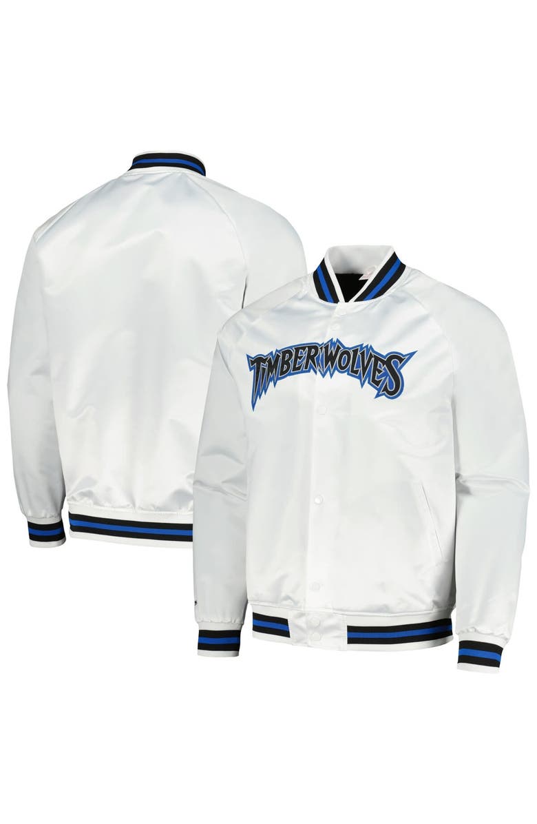 Mitchell & Ness Men's Mitchell & Ness White Minnesota Timberwolves Hardwood Classics Throwback Wordmark Raglan Full-Snap Jacket, Alternate, color,
