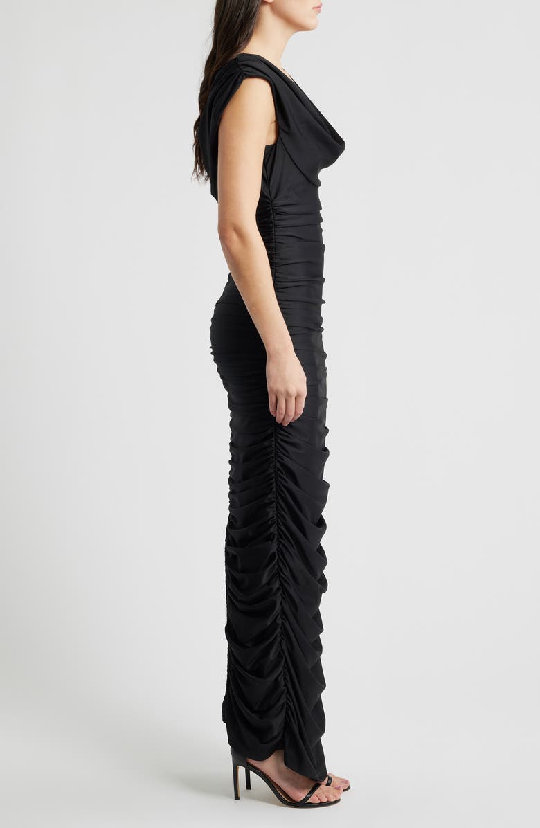Black Halo Evangeline Ruched Satin Gown, Alternate, color, Black