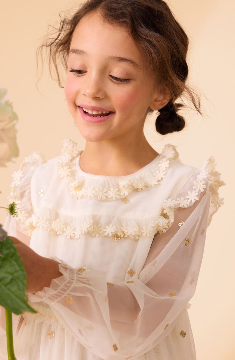 Laura Ashley Kids' Sequin Long Sleeve Mesh Party Dress, Alternate, color, Ivory