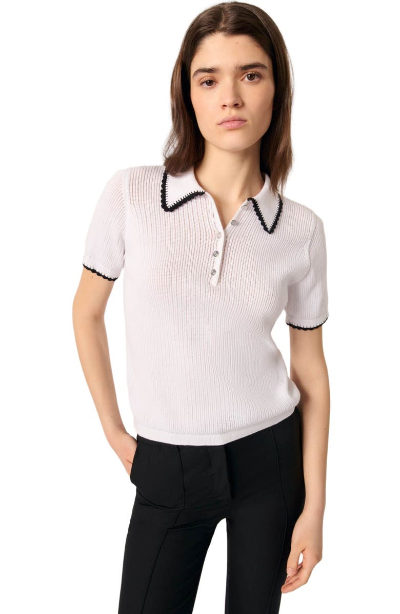 maje Pointelle knit crochet polo shirt, Alternate, color, White / Black