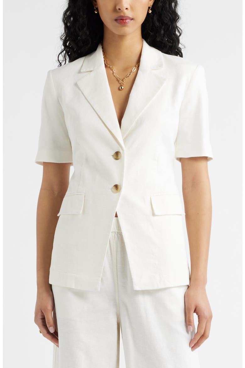Short Sleeve Linen Blend Blazer, Main, color, WHITE