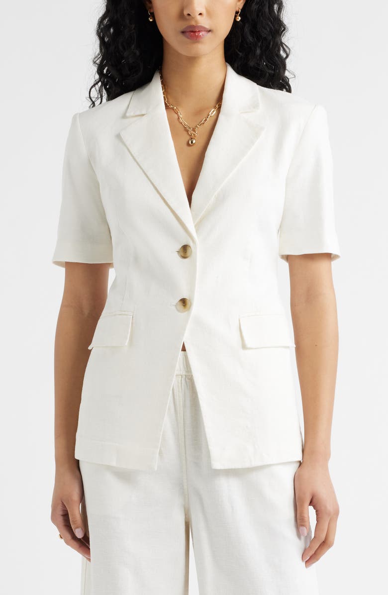 Open Edit Short Sleeve Linen Blend Blazer, Main, color, White