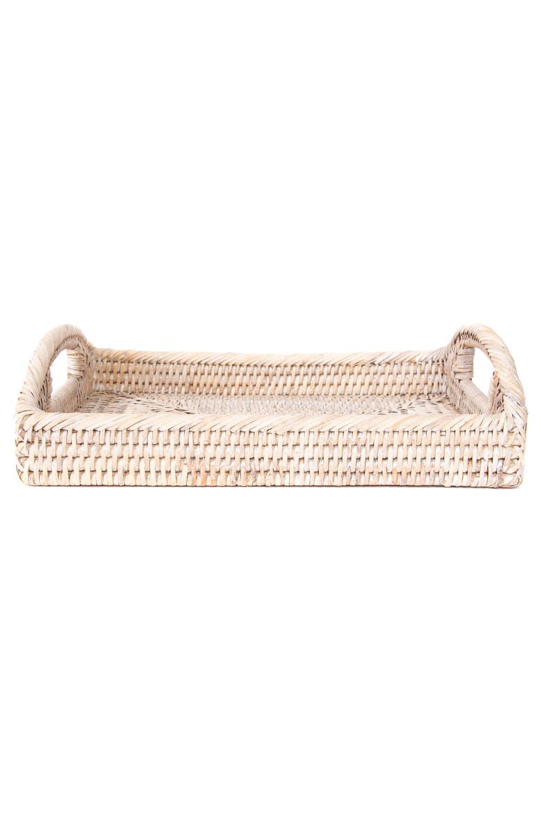 Rectangular Rattan Vanity Tray with High Handles, Alternate, color, White Wash