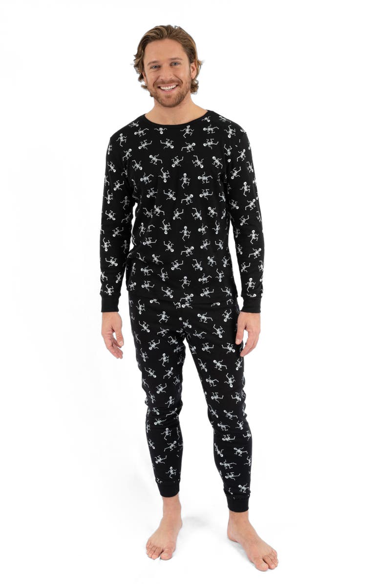 Leveret Men's Cotton Matching Family Halloween Pajamas, Skeleton & Skull Prints, Alternate, color, Skeleton Black