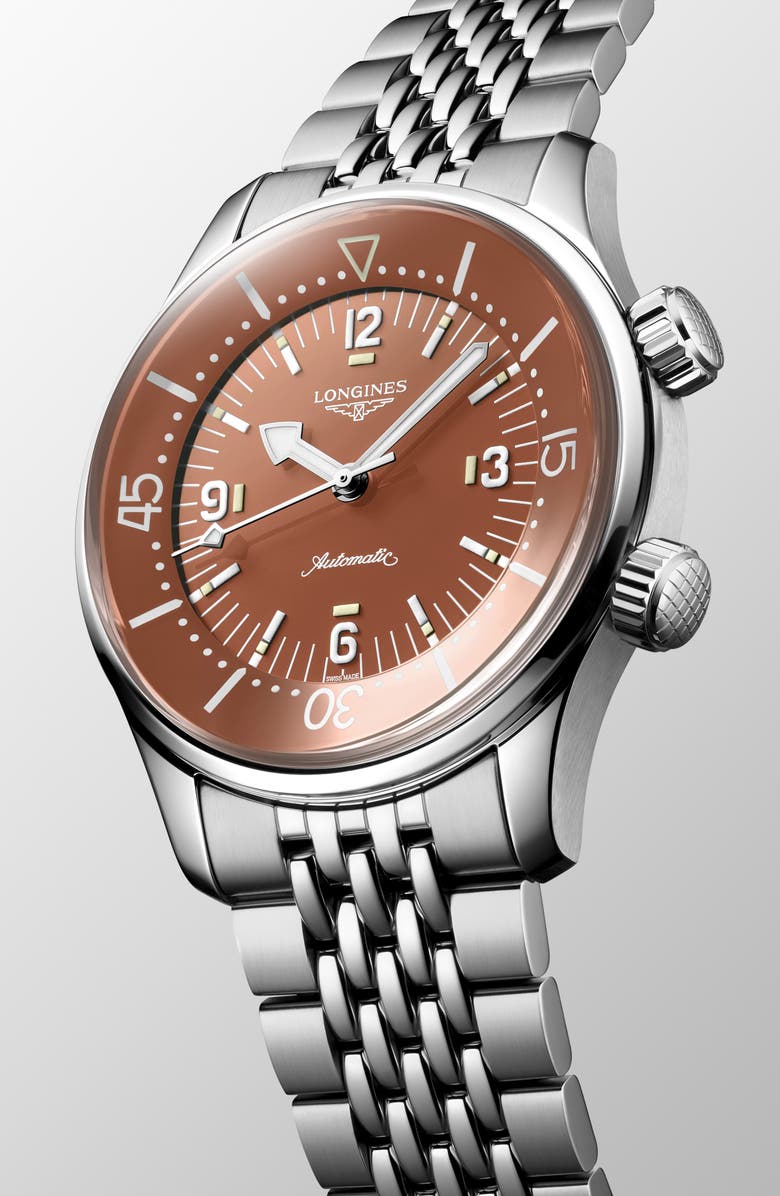 Longines Legend Diver Bracelet Watch, 39mm, Alternate, color, Silver/ Rust