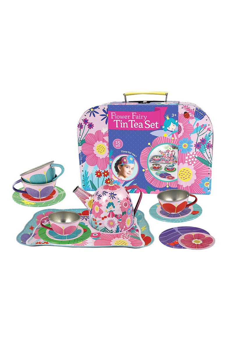 Flower Fairy Tin Tea Set & Carrying Case, Main, color, PINK MULTI