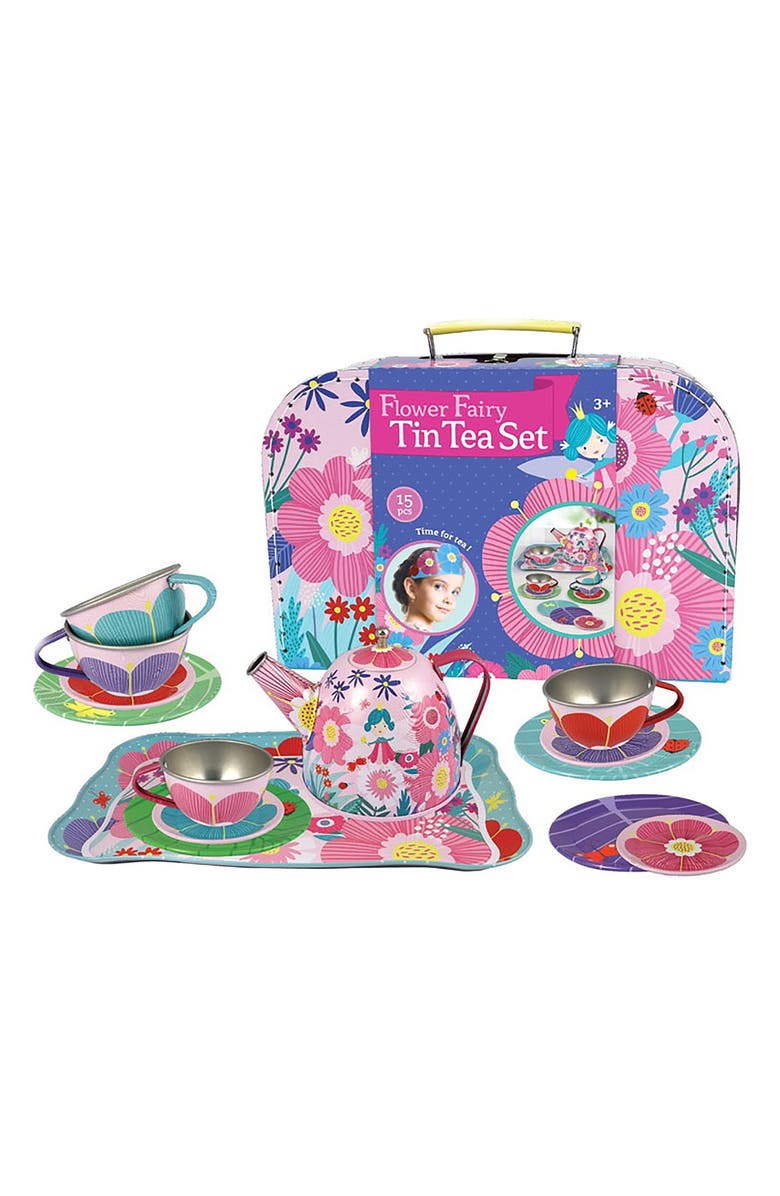 BRIGHT STRIPES Flower Fairy Tin Tea Set & Carrying Case, Main, color, 