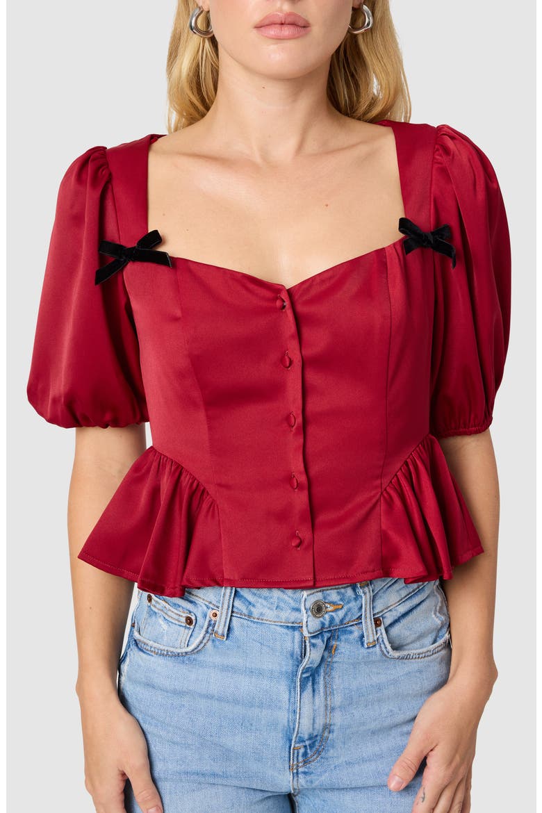 Bow Appliqué Peplum Top, Main, color, WINE