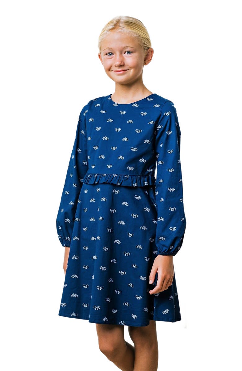 Hope & Henry Girls' Ruffle Waist Dress, Kids, Alternate, color, Navy Bicycle Print