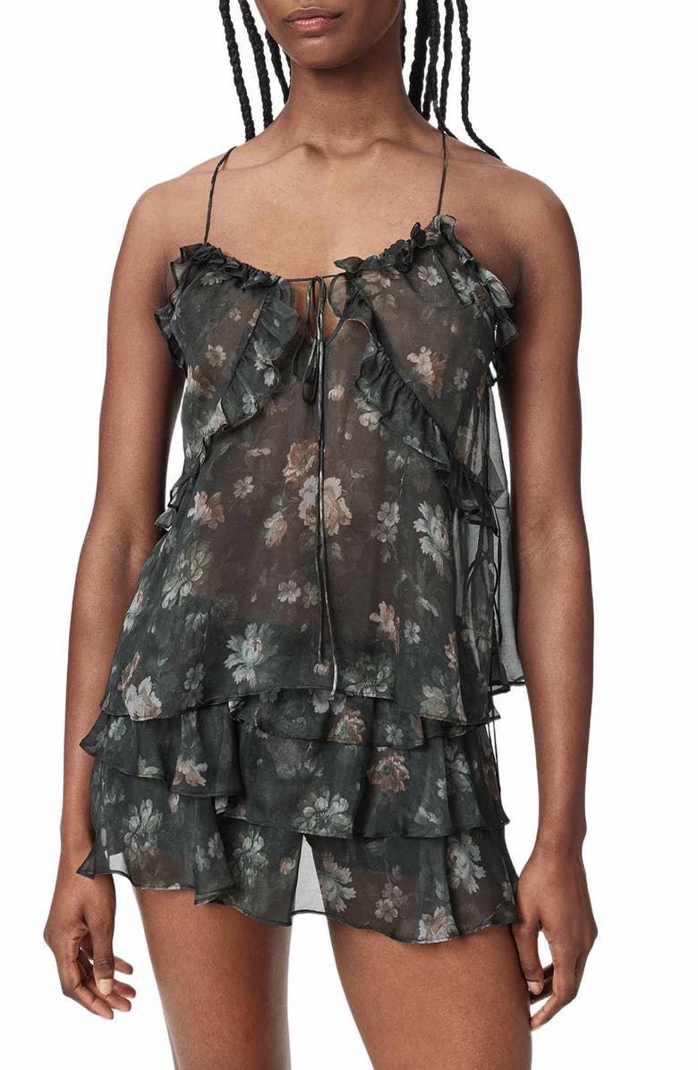 AllSaints Nyx Tiered Silk Top, Main, color, Jardinia Deep Green