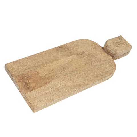 Compact Hand-Carved Mango Wood Cheese Slicer and Cutting Board with Face Handle Design and Combed Finish, Natural