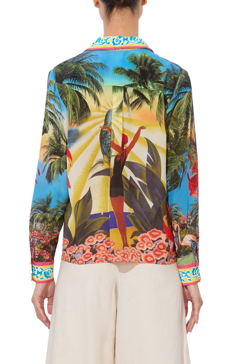 Alice + Olivia Willa Tropical Print Silk Button-Up Shirt, Alternate, color, Island Dreams Multi