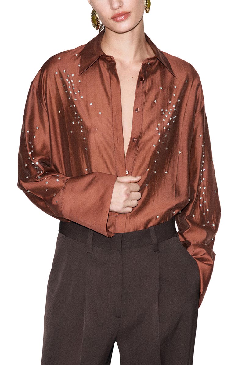 MANGO Rhinestone Detail Satin Button-Up Shirt, Main, color, 