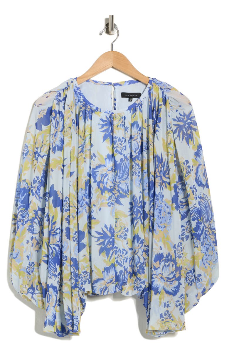 KAY UNGER SPORTSWEAR Capelet Bubble Hem Woven Top, Alternate, color, Cerulean Floral
