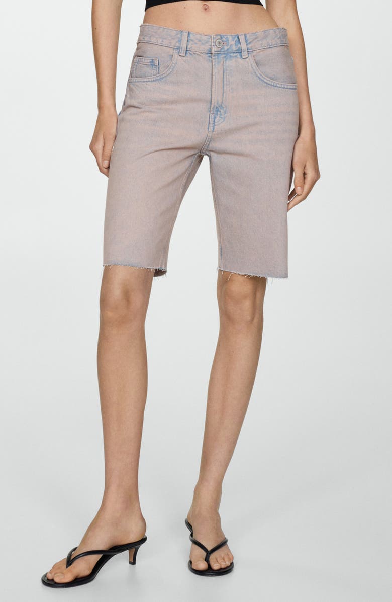 MANGO Raw Hem Denim Bermuda Shorts, Main, color, Light Pink