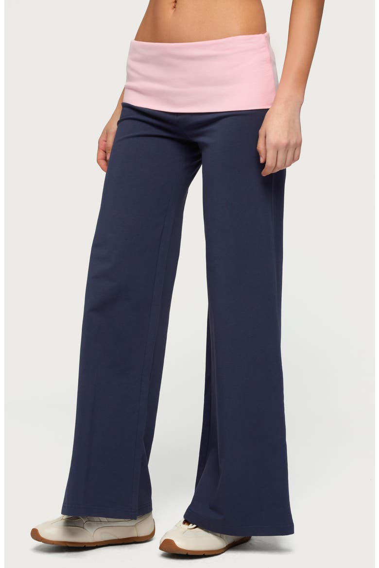 Foldover Contrast Wide Leg Pants, Alternate, color, NAVY