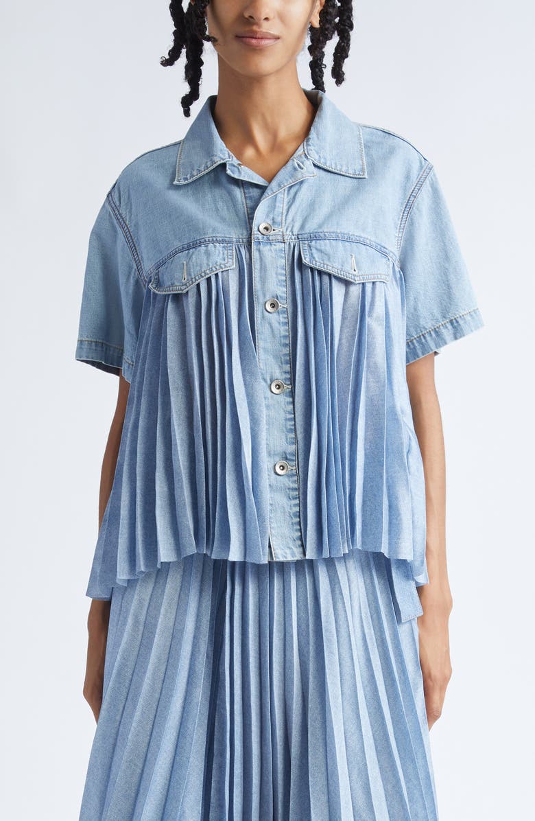 Sacai Mixed Media Short Sleeve Shirt, Main, color, Light Blue