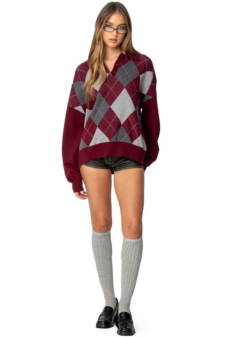 Argyle Oversize Cotton Polo Sweater, Alternate, color, BURGUNDY