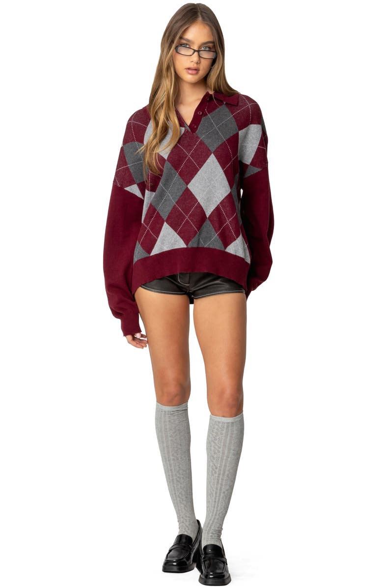 EDIKTED Argyle Oversize Cotton Polo Sweater, Alternate, color, Burgundy