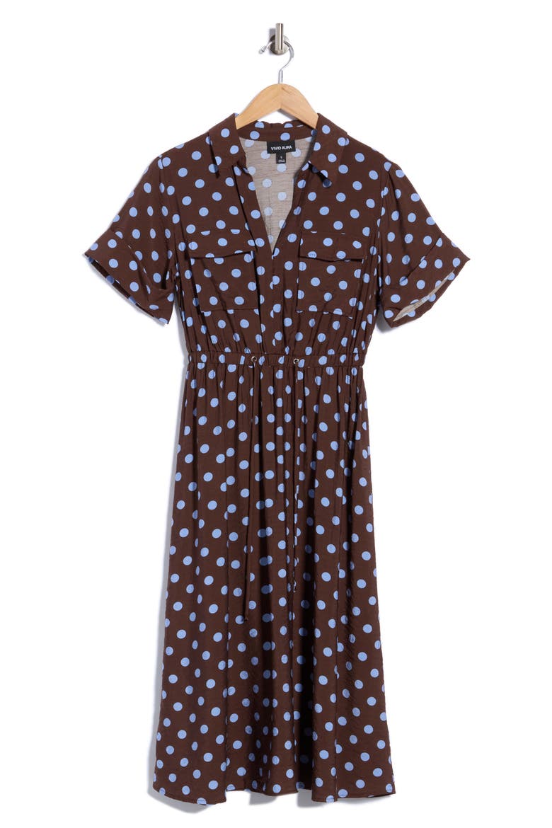 Polka Dot Short Sleeve A-Line Shirtdress, Alternate, color, BRON/ BLUE