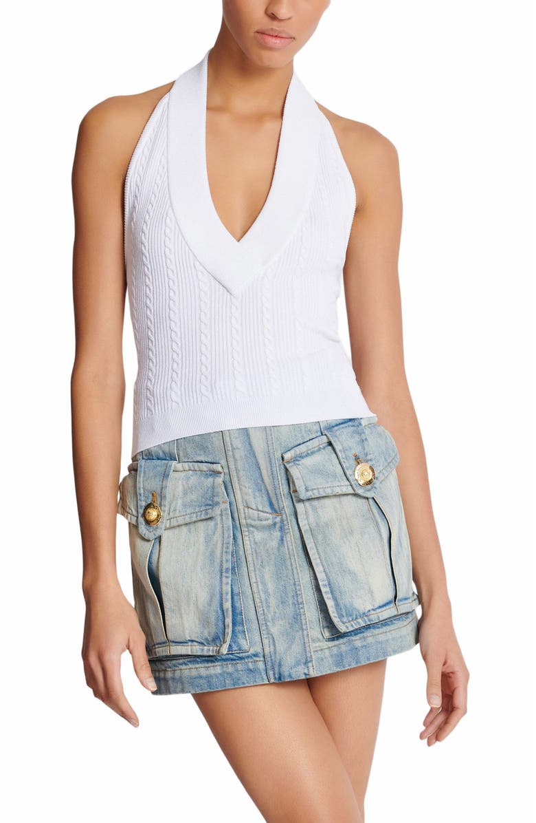 Balmain Cable-Knit Halterneck Top, Alternate, color, White