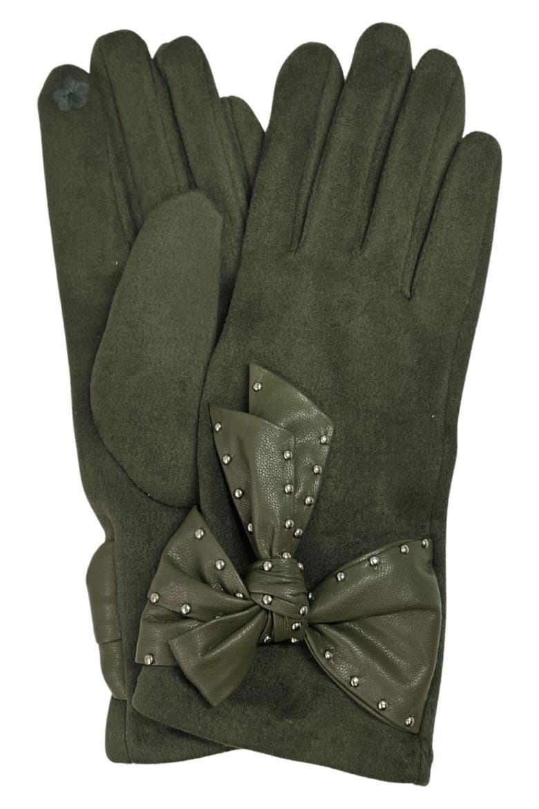 Studded Bow Faux Suede Gloves, Main, color, OLIVE