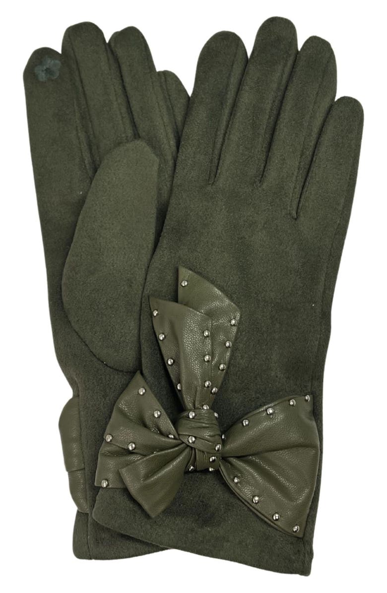 MARCUS ADLER Studded Bow Faux Suede Gloves, Main, color, Olive