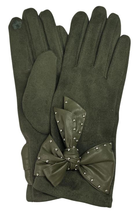 Studded Bow Faux Suede Gloves