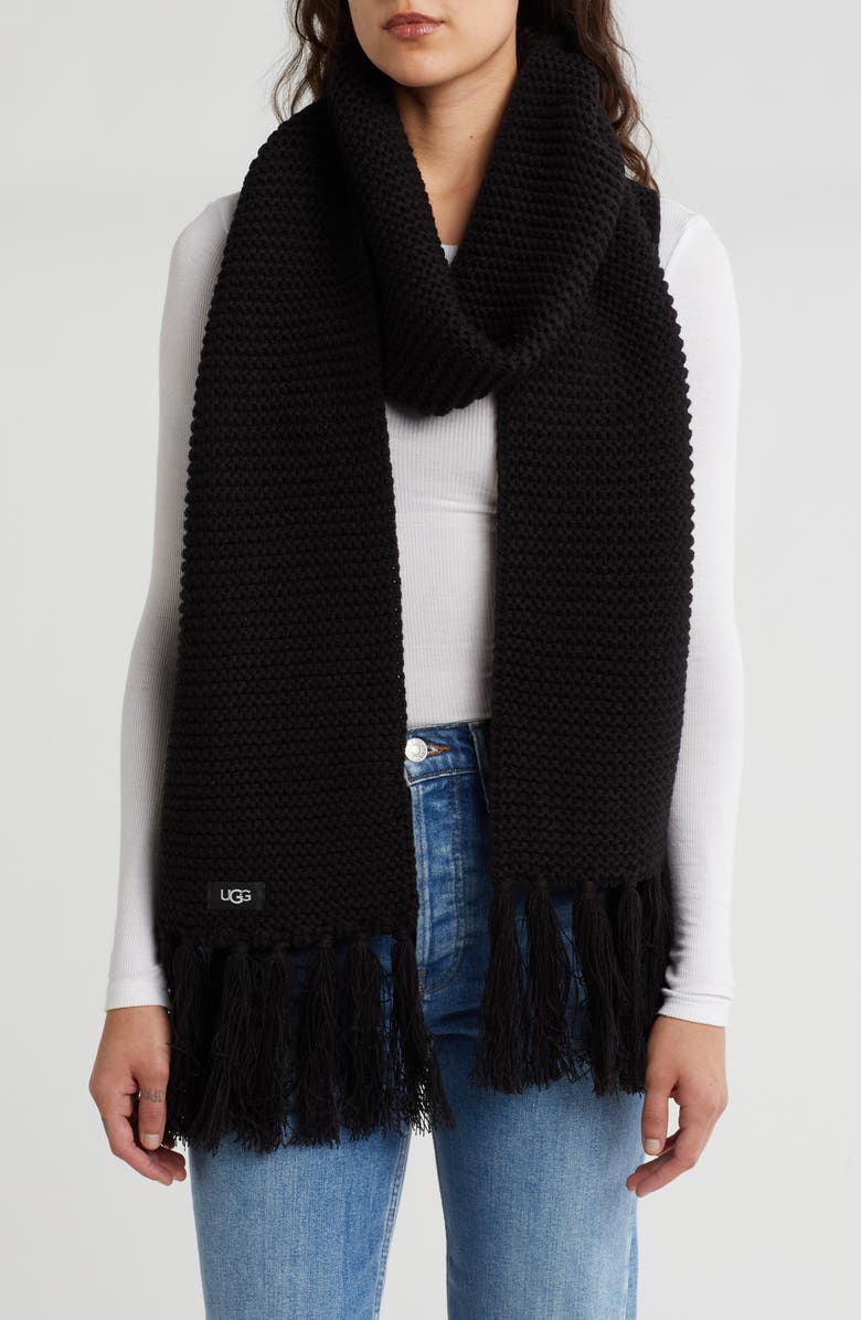 UGG<sup>®</sup> UGG Fringe Trim Knit Scarf, Main, color, Black