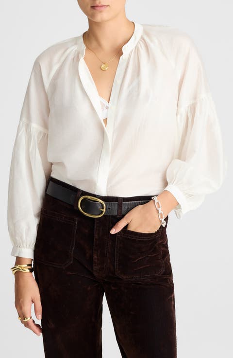 Shirred Balloon Sleeve Button-Up Top