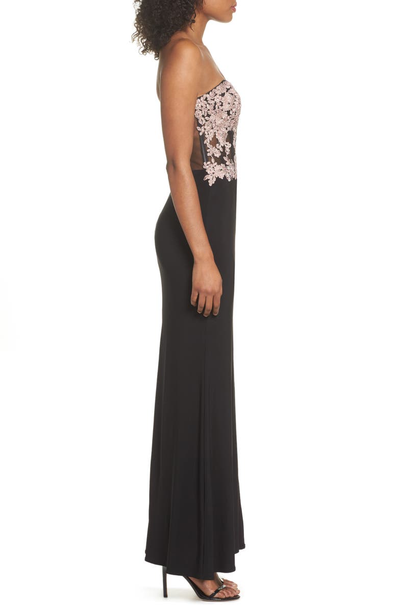 Blondie Nites Appliqué Strapless Bustier Gown, Alternate, color,