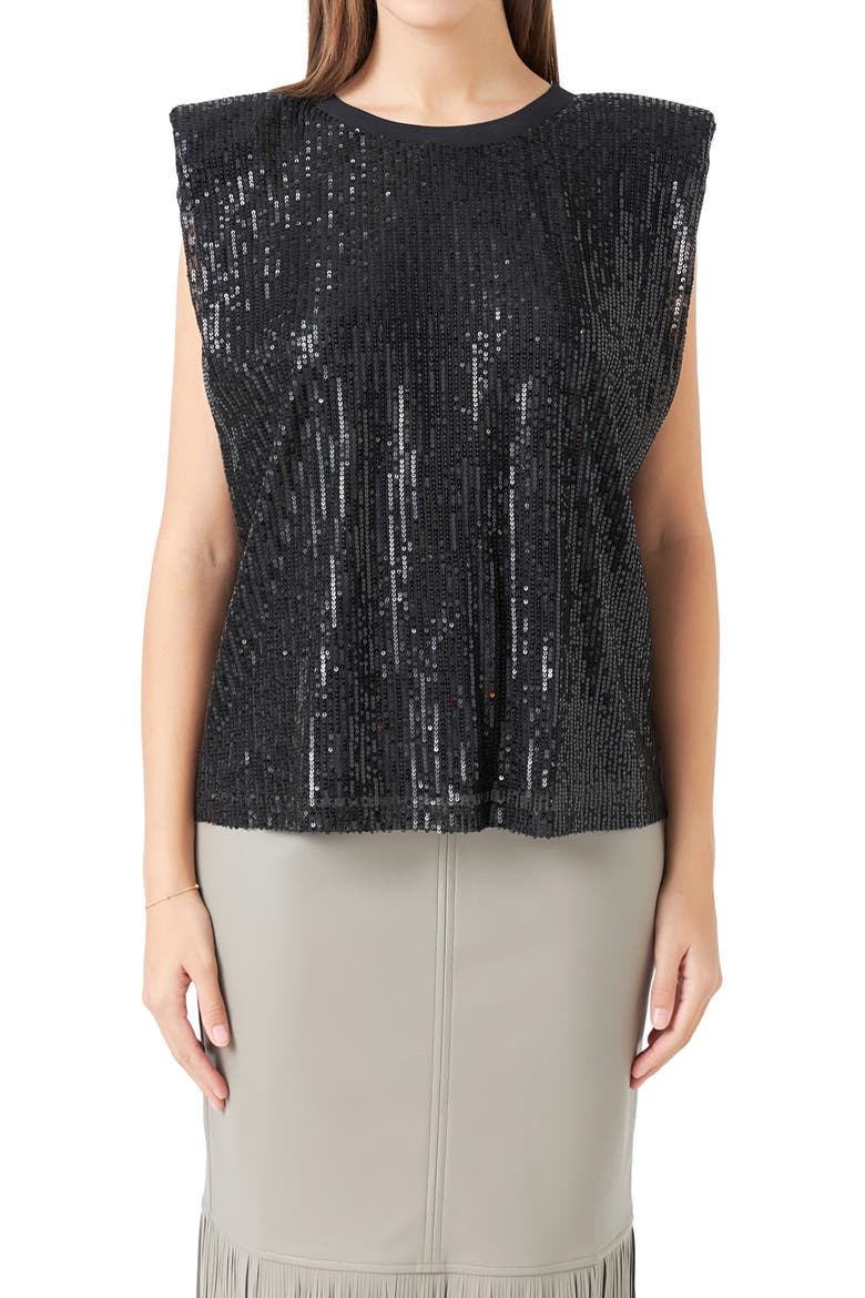 Sequin Shoulder Pad Top, Alternate, color, BLACK