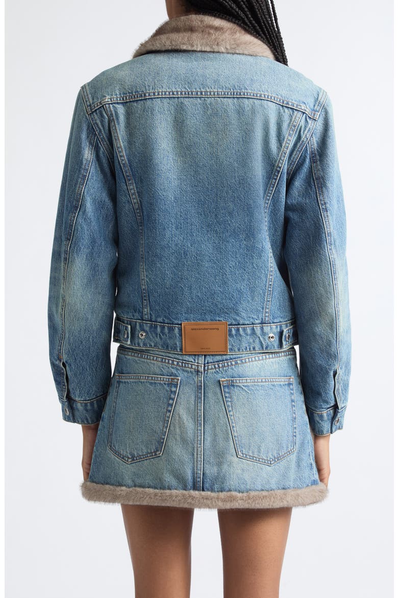 Faux Fur Trim Denim Jacket, Alternate, color, TINTED MEDIUM INDIGO