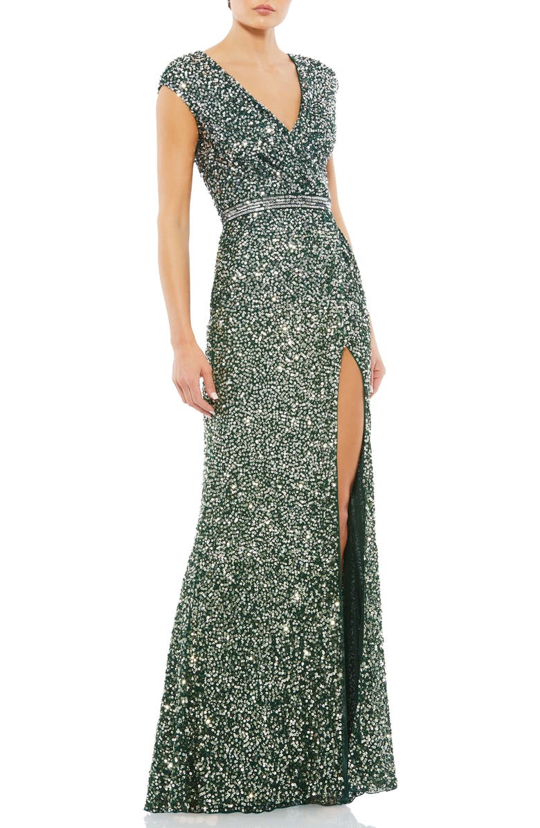 Mac Duggal Cap Sleeve Sequined High Slit Gown, Main, color, Forest Green