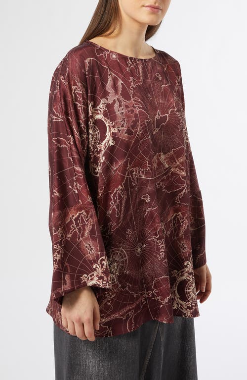 Marina Rinaldi Salato Global Print Twill Top in Bordeaux 