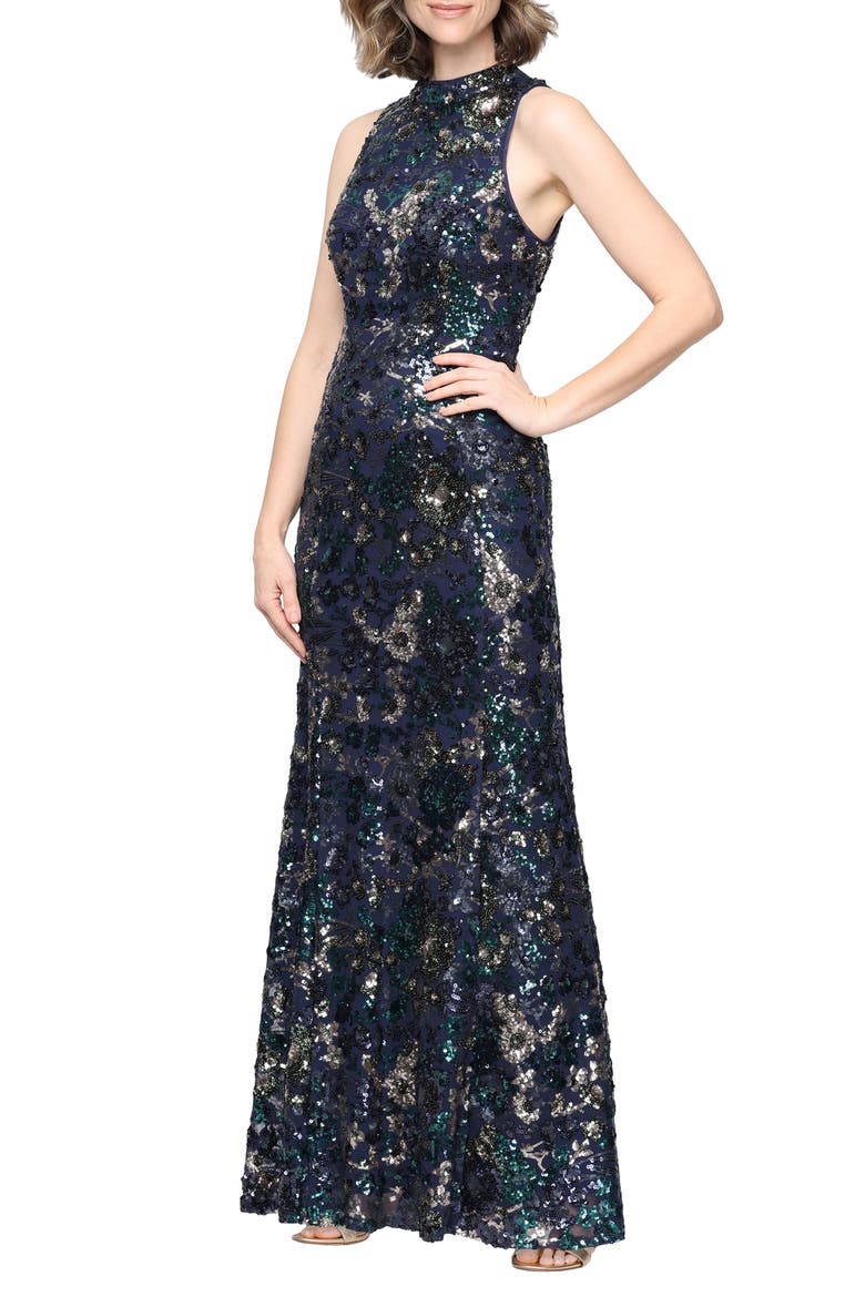 Sequin Floral Stretch Gown, Main, color, NAV/ EMERALD/ AB