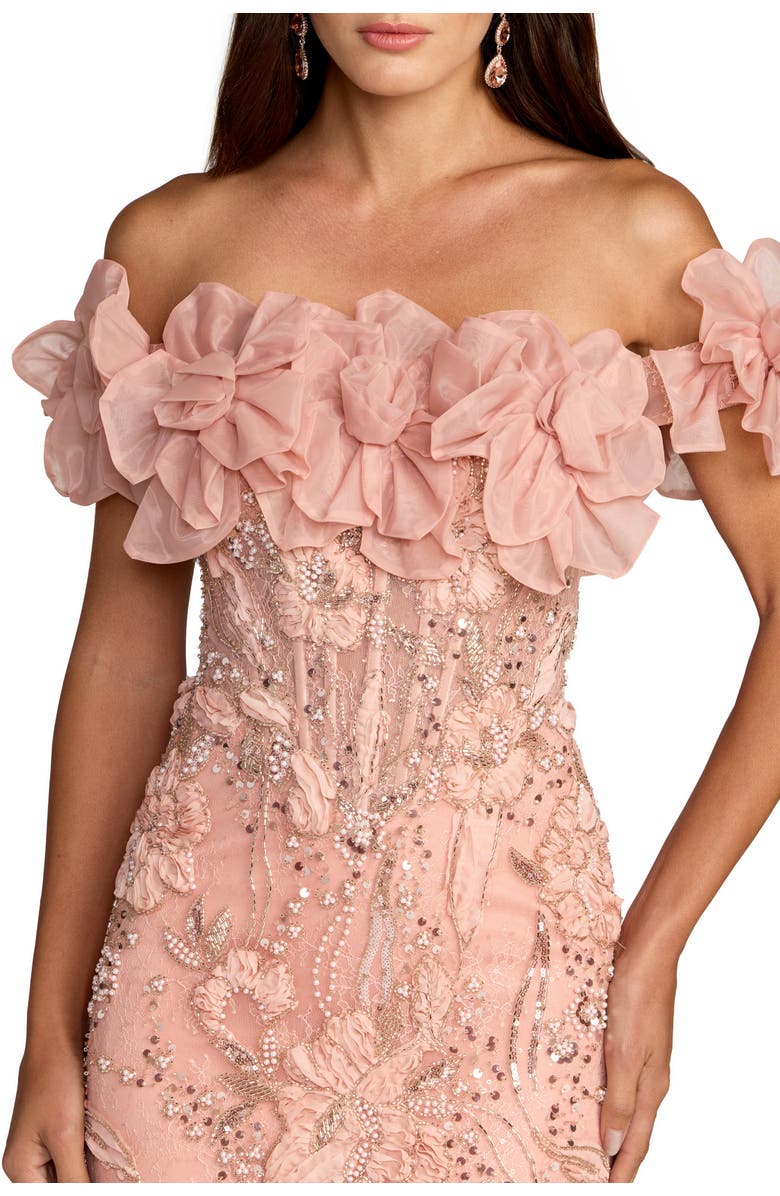 Mac Duggal Blush 3D Floral Embellished Off The Shoulder Mermaid Gown, Alternate, color, Blush