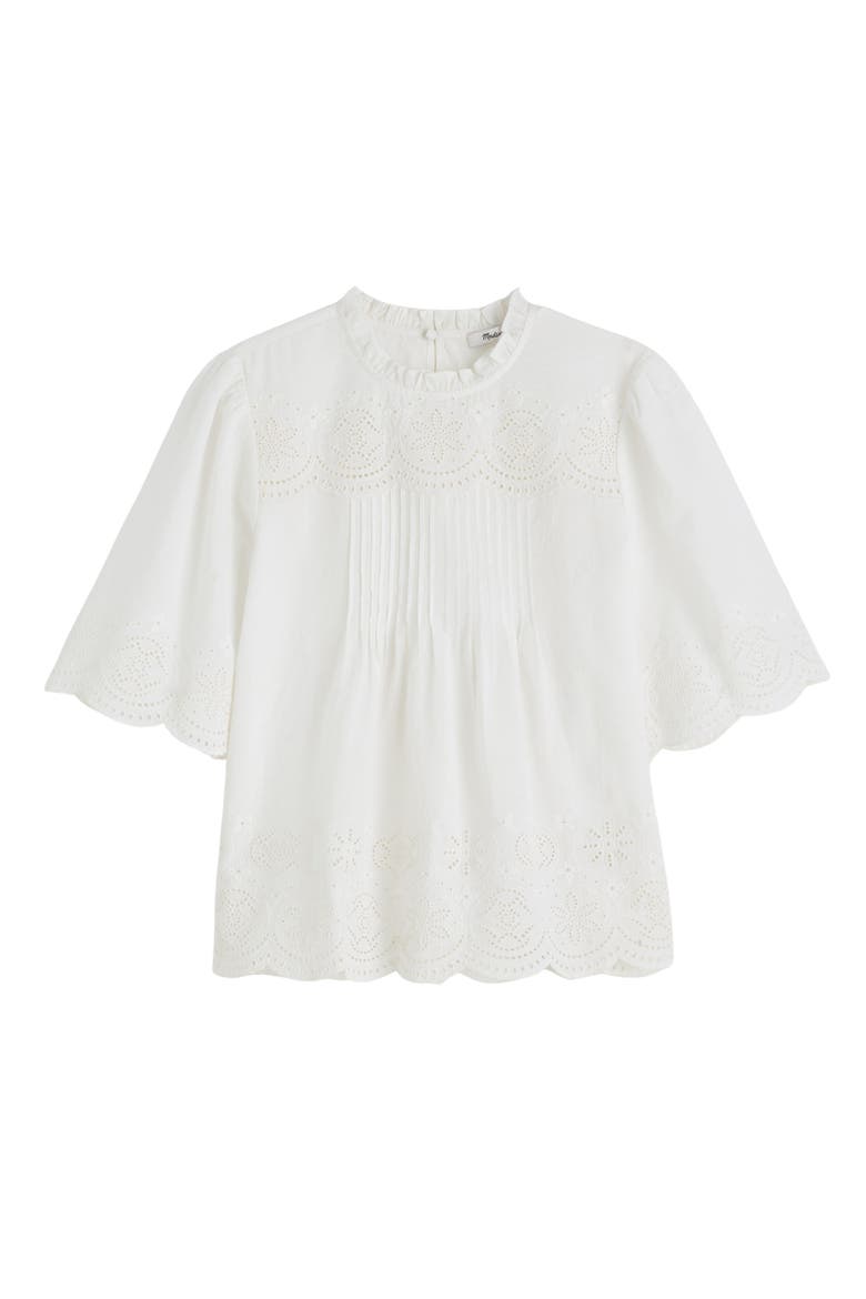 Embroidered Pintuck High Neck Cotton Voile Top, Alternate, color, WHITE