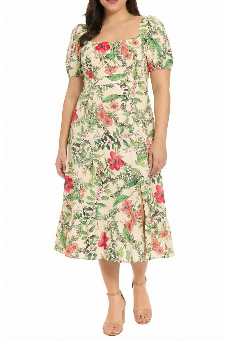 Floral Short Sleeve Linen Blend Midi Dress, Main, color, CREAM/ PINK