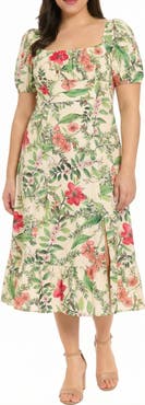 London Times Floral Short Sleeve Linen Blend Midi Dress
