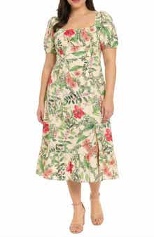 London Times Floral Short Sleeve Linen Blend Midi Dress