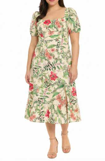 London Times Floral Short Sleeve Linen Blend Midi Dress