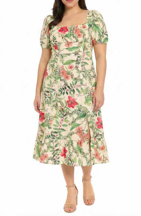 London Times Floral Short Sleeve Linen Blend Midi Dress