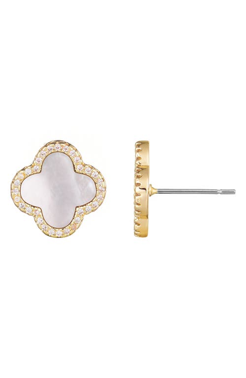 Adornia 14k Gold Plated Mother Of Pearl Halo Cz Clover Stud Earrings In Gold