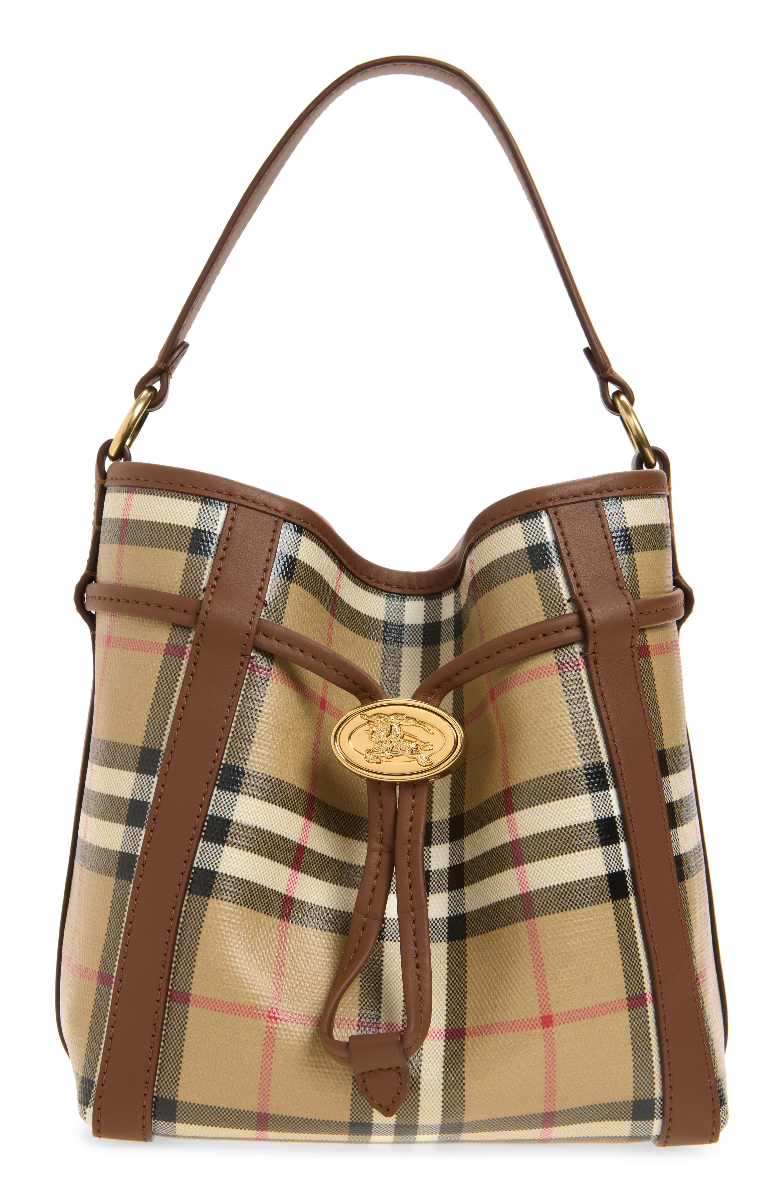 Burberry Mini Check Bucket Bag, Main, color, Archive Beige
